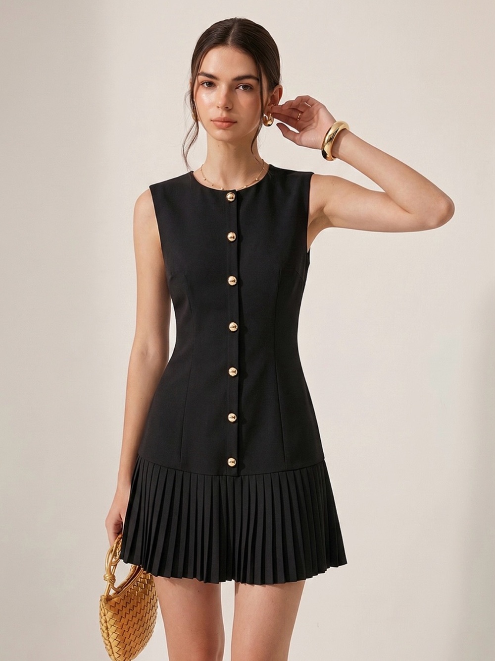 Commense Black Sleeveless Slim Fit Pleated Mini Dress with Gold Buttons